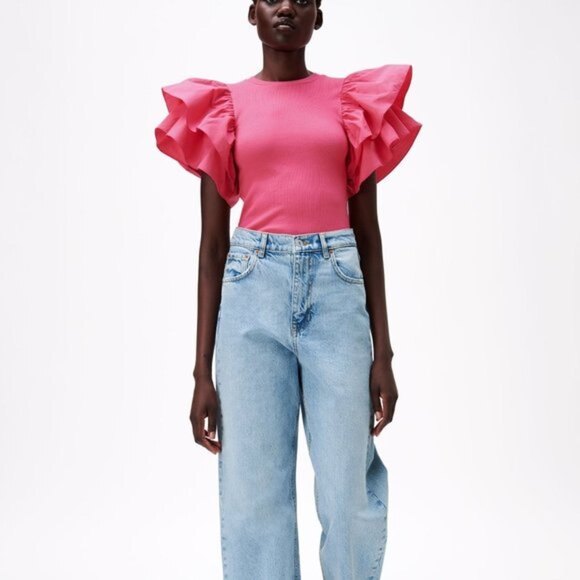 Pink ZARA Ruffle Sleeve Rib Knit Bodysuit Top (NWT) - Picture 2 of 8
